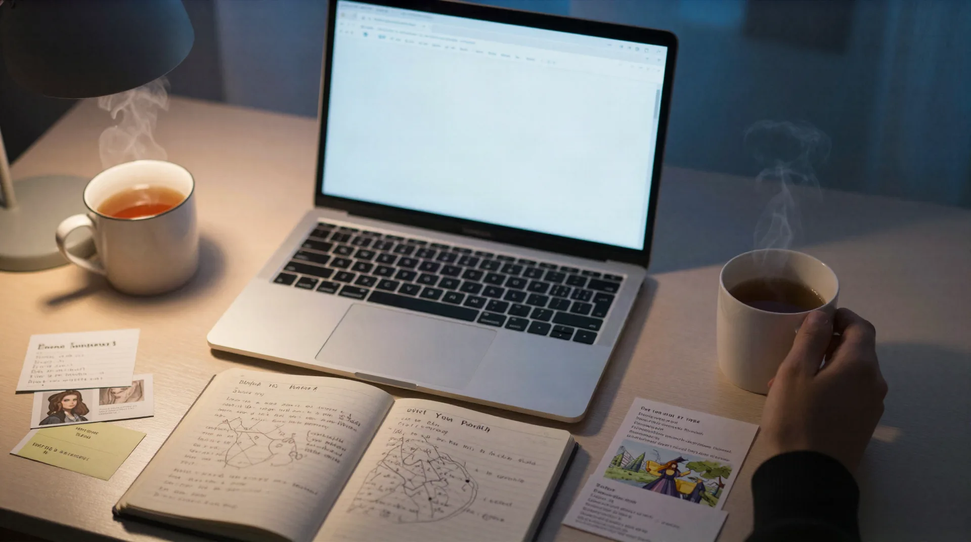 Schreibtisch eines Schriftstellers in der Dämmerung mit Laptop, handschriftlichen Notizen und einer handgezeichneten Fantasy-Karte