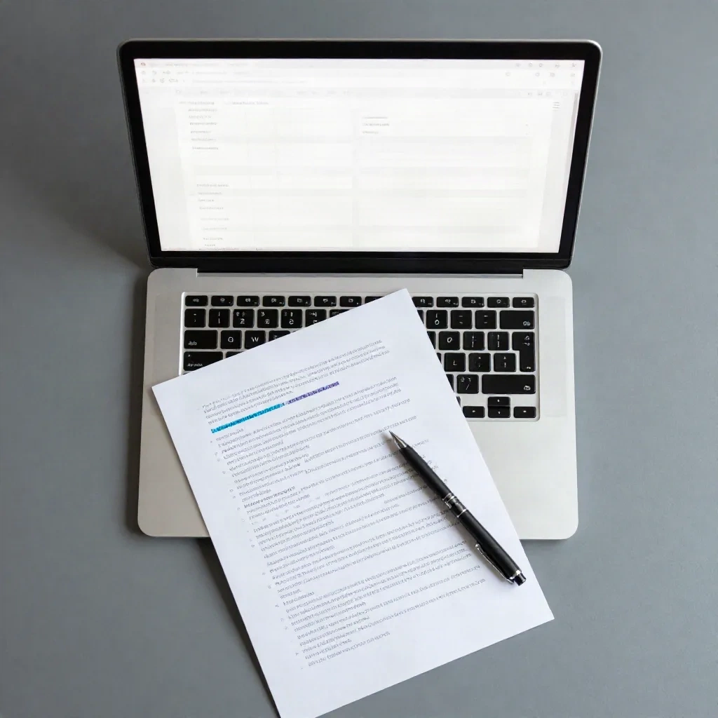 Overhead view of a content planning workspace with laptop, structured document outline and printed notes for SEO content development
