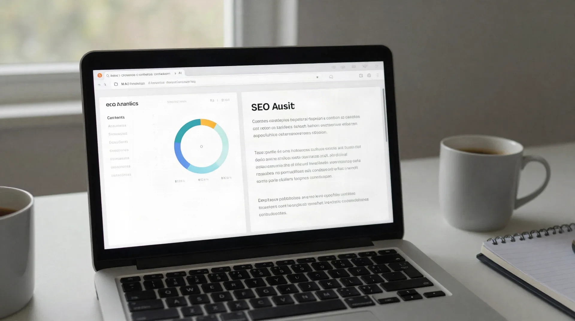 Una scrivania con laptop che mostra un dashboard di automazione SEO accanto a un pannello di assistente di scrittura IA