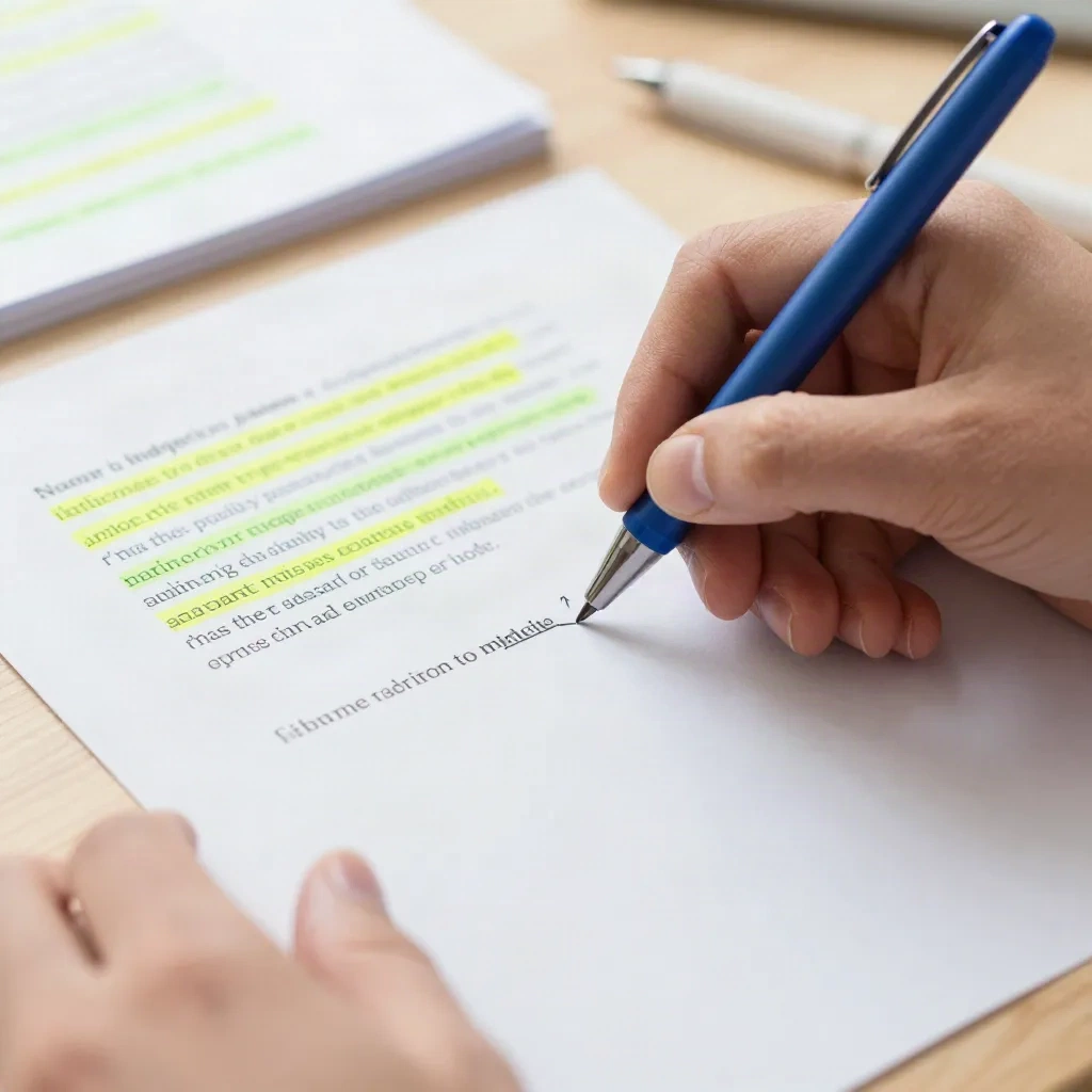 Close-up of editing a printed document by hand, pen on highlighted pages, natural light desk, editorial workflow