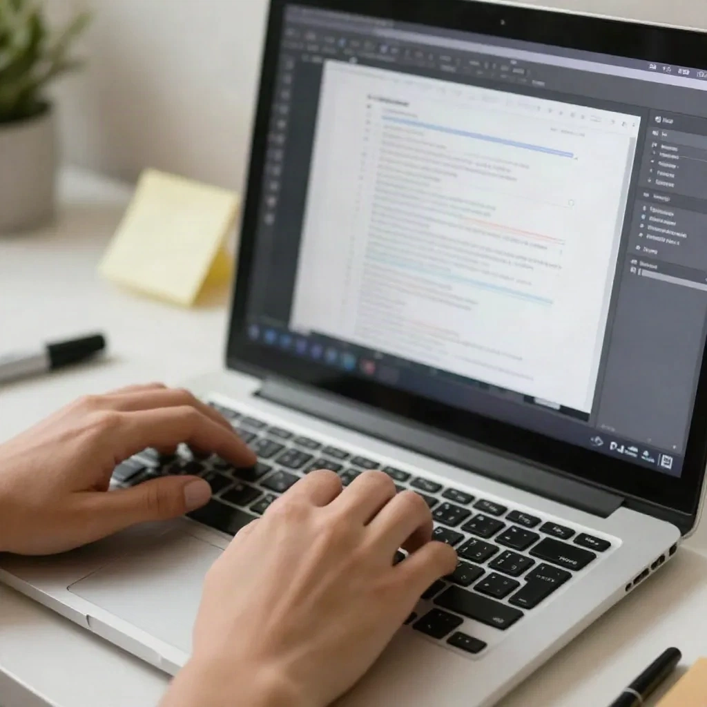 Writer typing content brief sections on a laptop in an editorial workspace