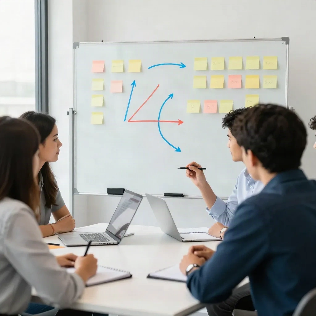 Content team collaborating around a table during a planning session
