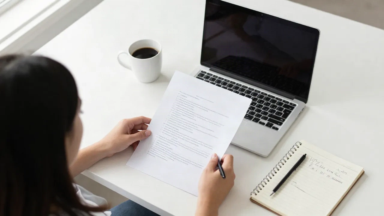 Scrittore freelance che esamina un documento di content brief strutturato su laptop