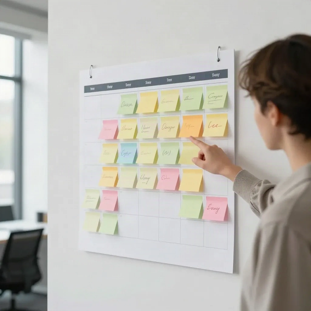 Content calendar with colour-coded sticky notes for an AI-assisted editorial workflow