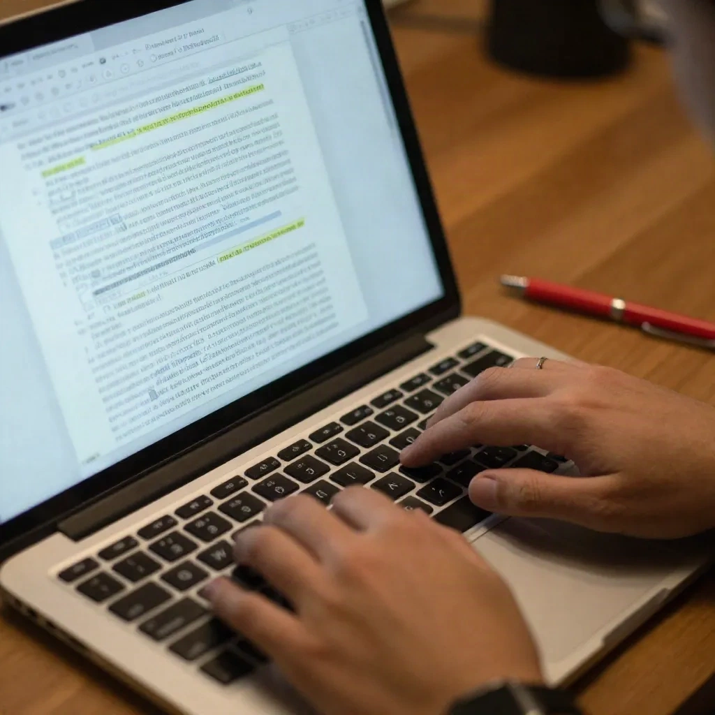 Writer editing an AI-generated draft on a laptop, red pen on desk