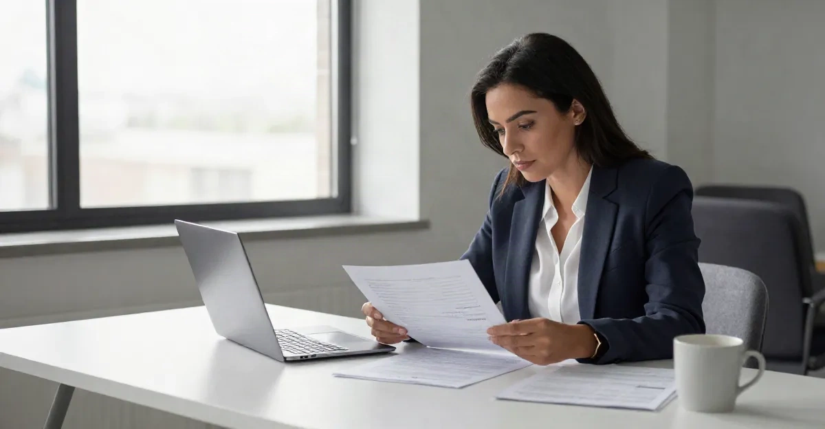 Professionista del marketing che esamina documenti di brand positioning a una scrivania moderna
