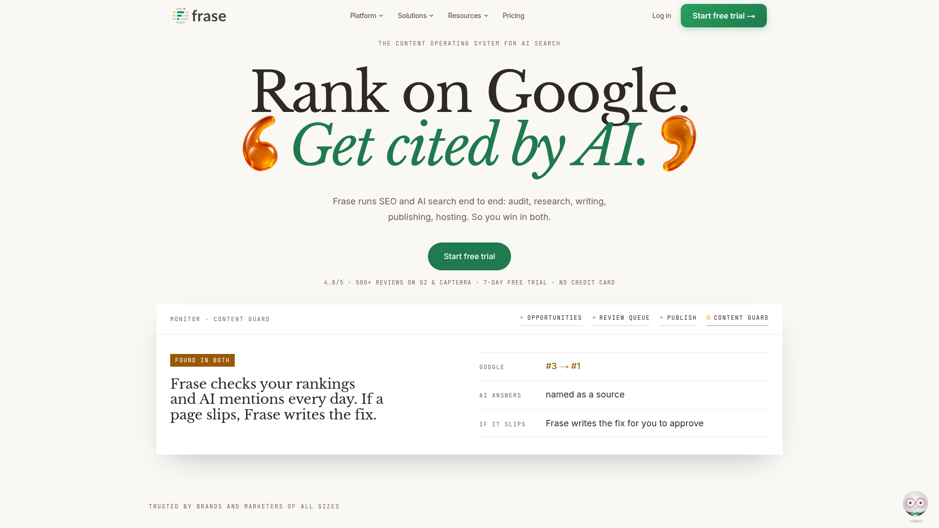Frase-Homepage mit Content-Score-Dashboard