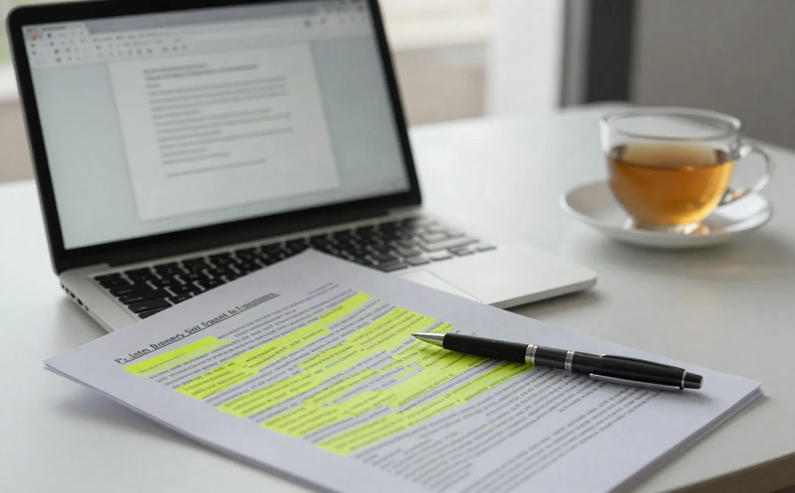 Printed article covered in highlighter marks next to a laptop and a cup of tea