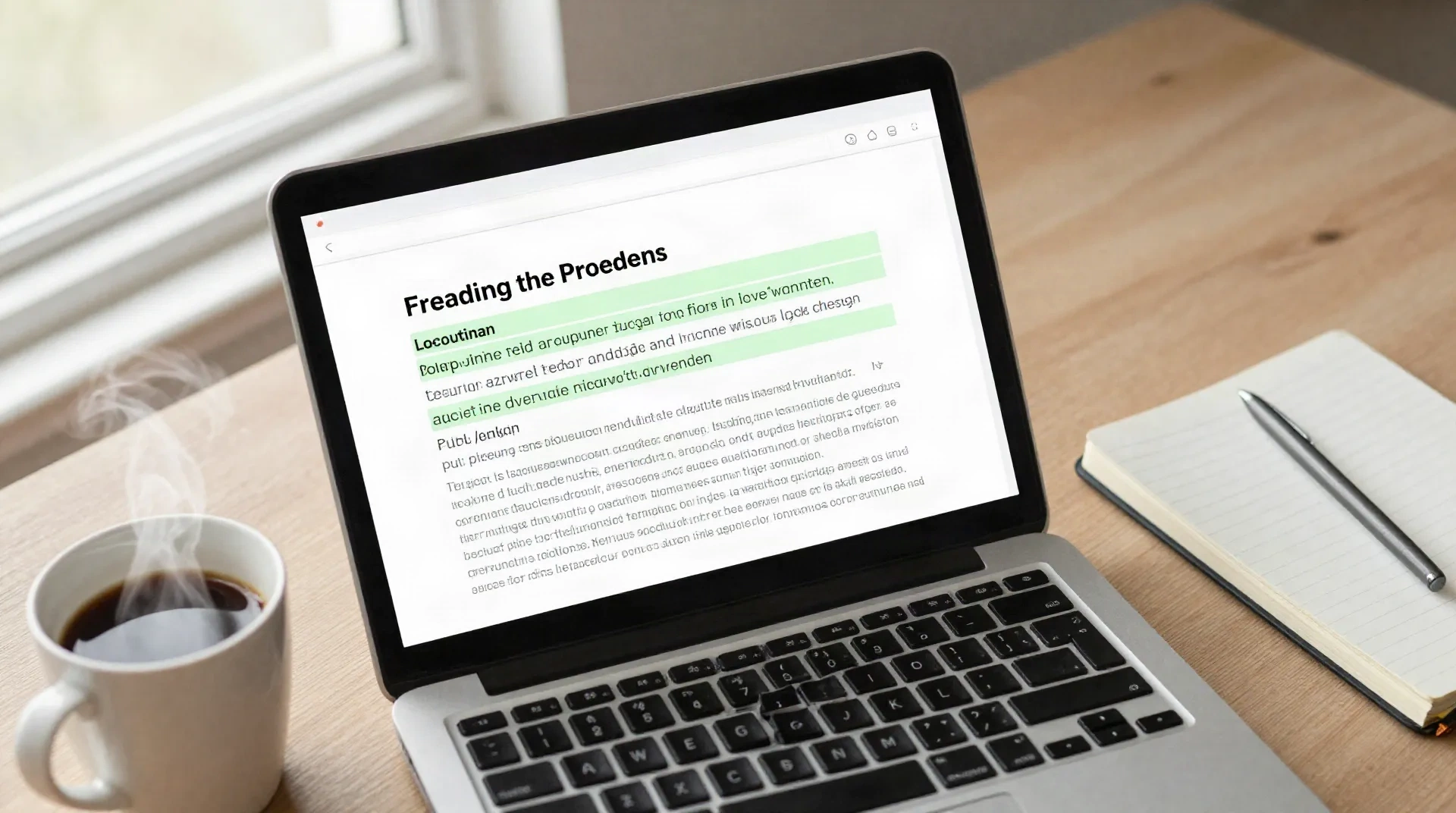 Schreibtisch eines freiberuflichen Autors mit Laptop, überarbeitetem Entwurf, Kaffee und Notizbuch