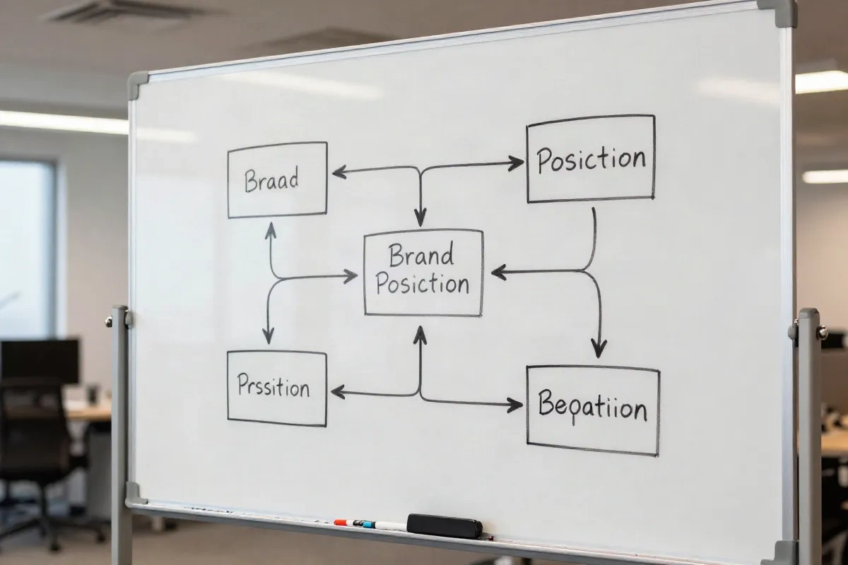 Whiteboard with brand positioning framework diagram