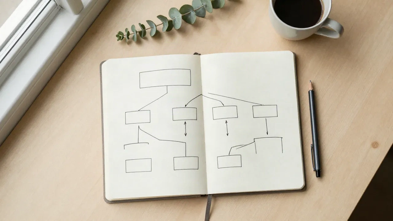 木製のデスクの上に、手書きの箱図が描かれたノート、ペン、コーヒーカップが置かれている