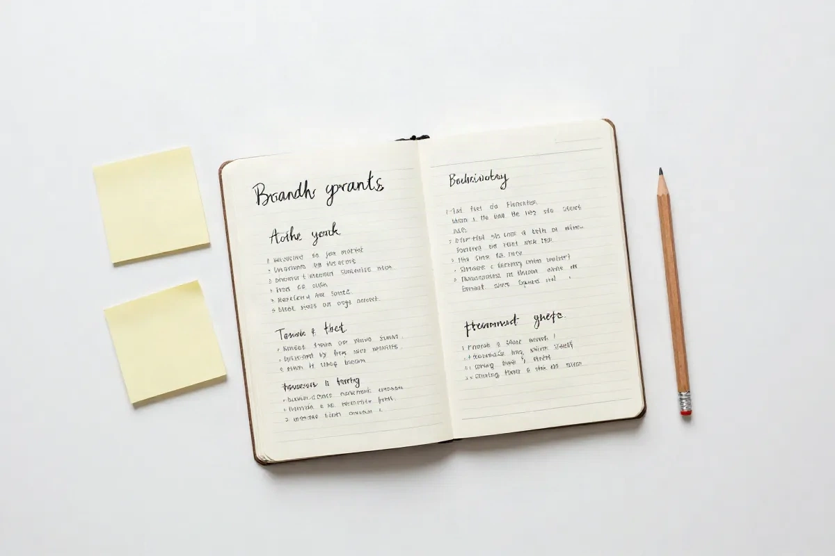Desk flatlay with brand strategy notes and planning materials
