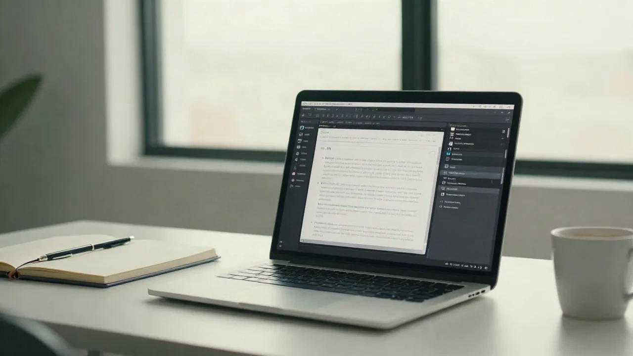 Freelance copywriter using an AI content assistant for SEO workflow at a desk