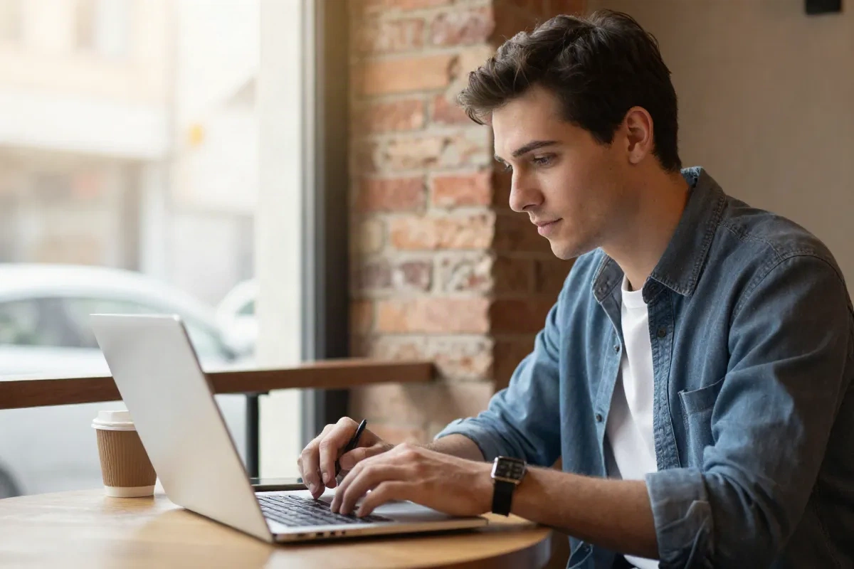 Professional writing content on laptop in a warm workspace