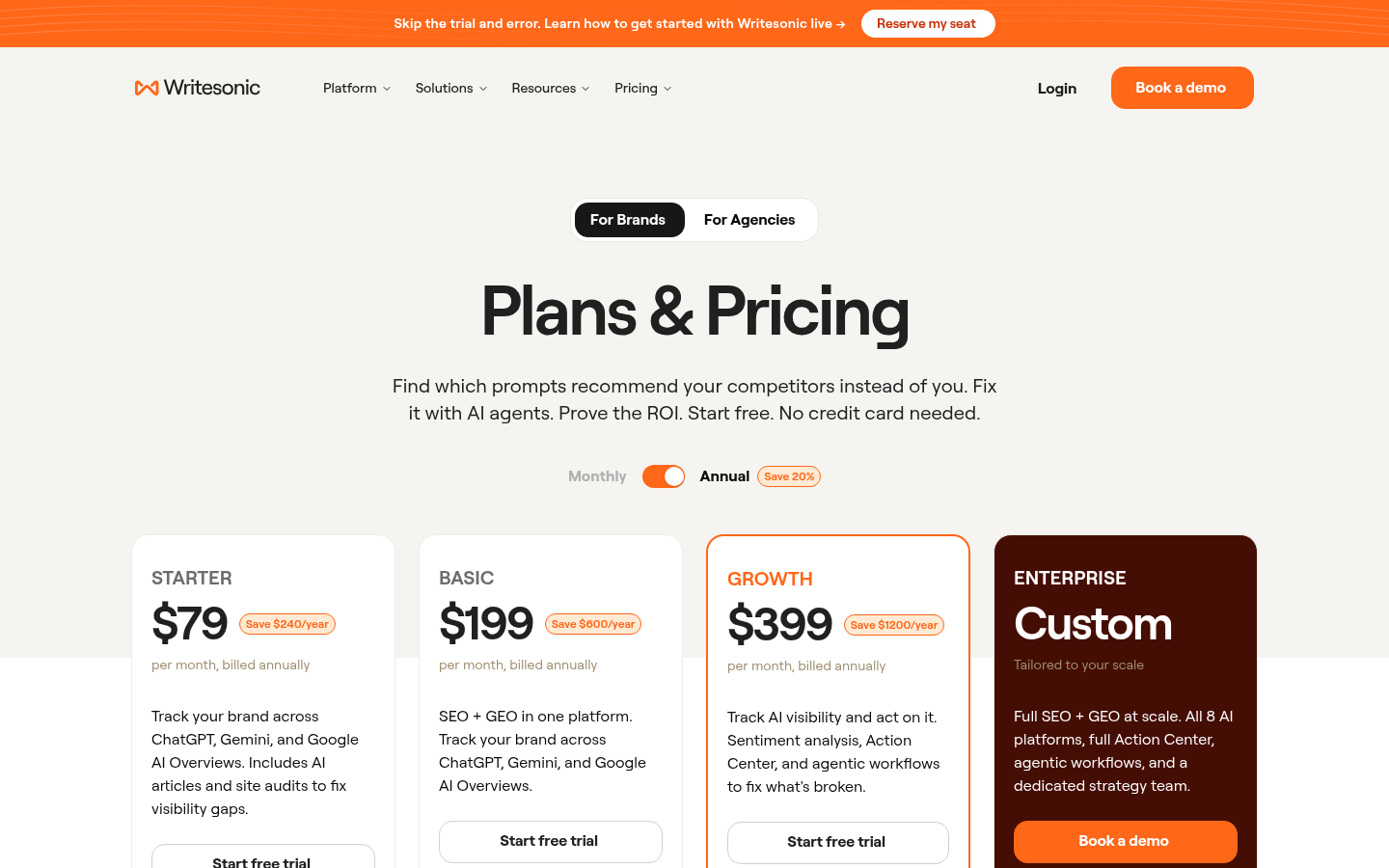 Writesonic pricing page showing Starter, Basic, Growth and Enterprise plans billed annually