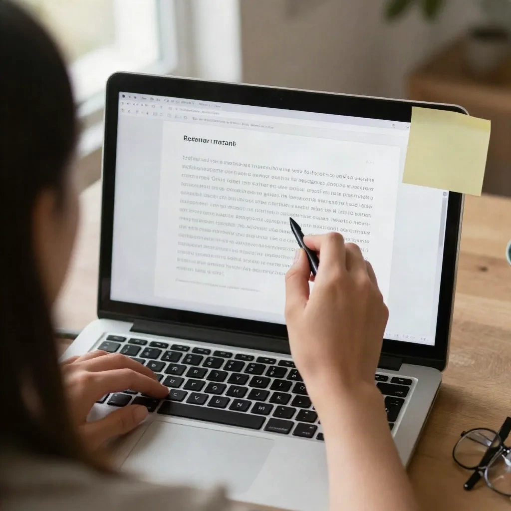 Person revising a short paragraph on a laptop
