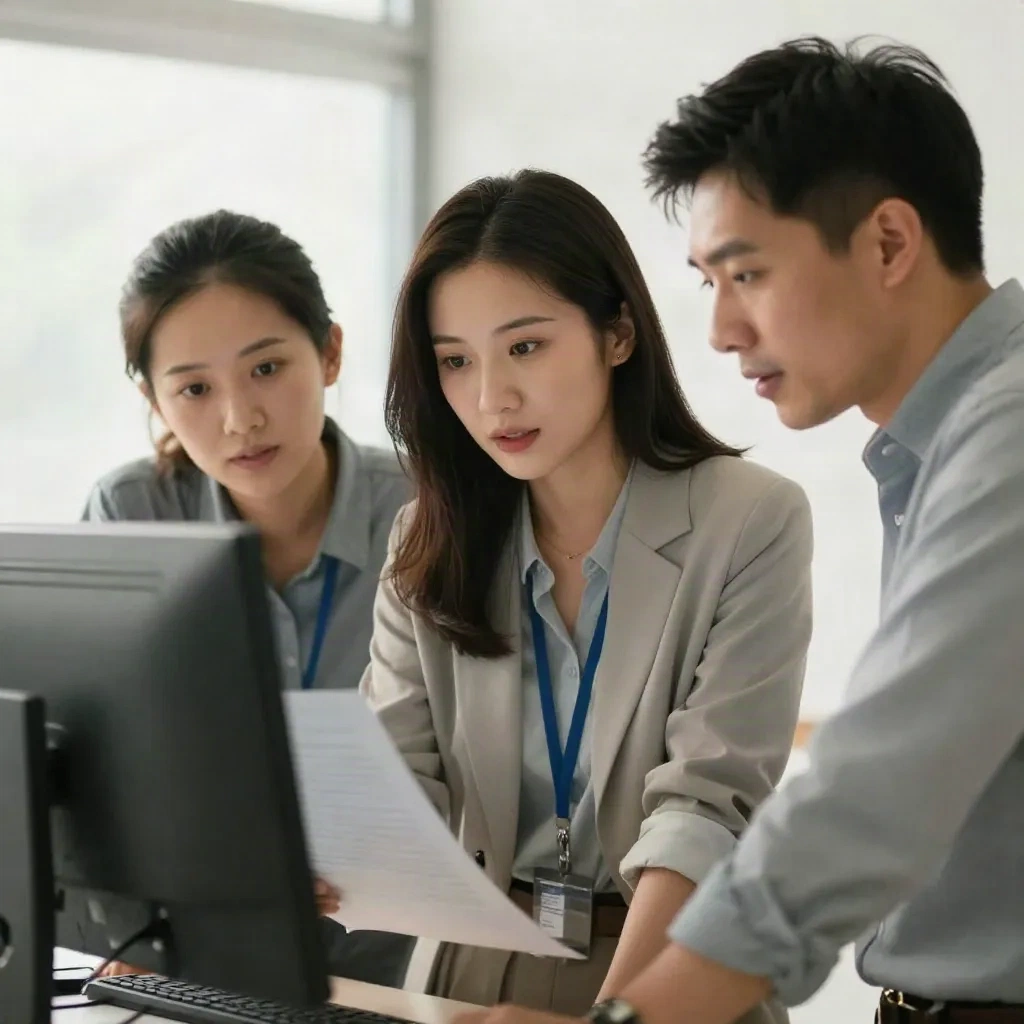 Three colleagues reviewing a press release draft together at a monitor