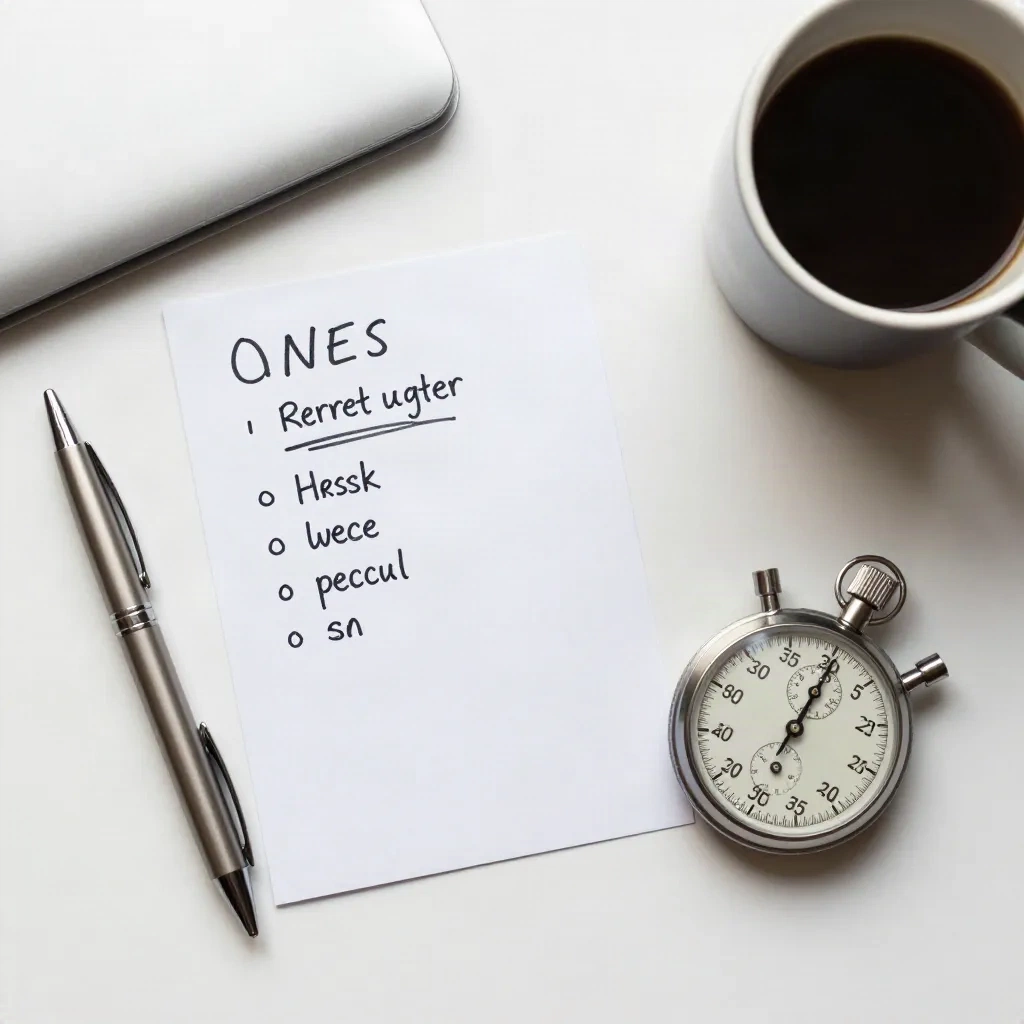 Notecard with short pitch notes next to a thirty second stopwatch