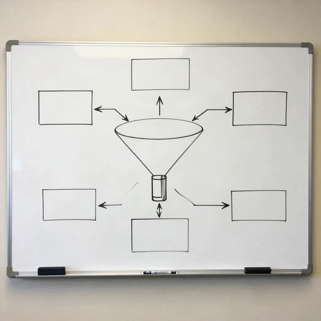 Tableau blanc avec un schéma d'entonnoir dessiné à la main dans une salle de réunion