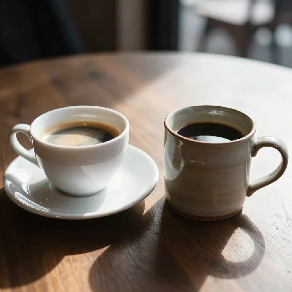 A formal porcelain cup beside a casual hand-painted mug, contrasting two tones