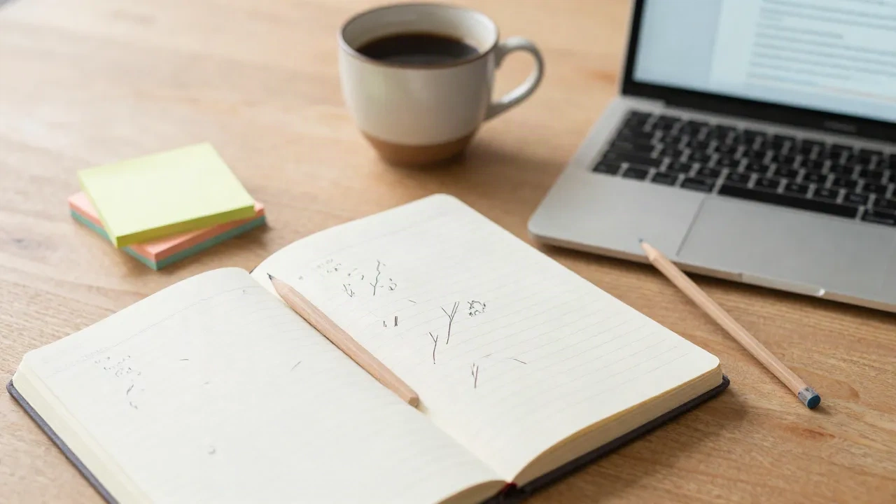 Desk with a notebook of crossed-out ideas, sticky notes and coffee