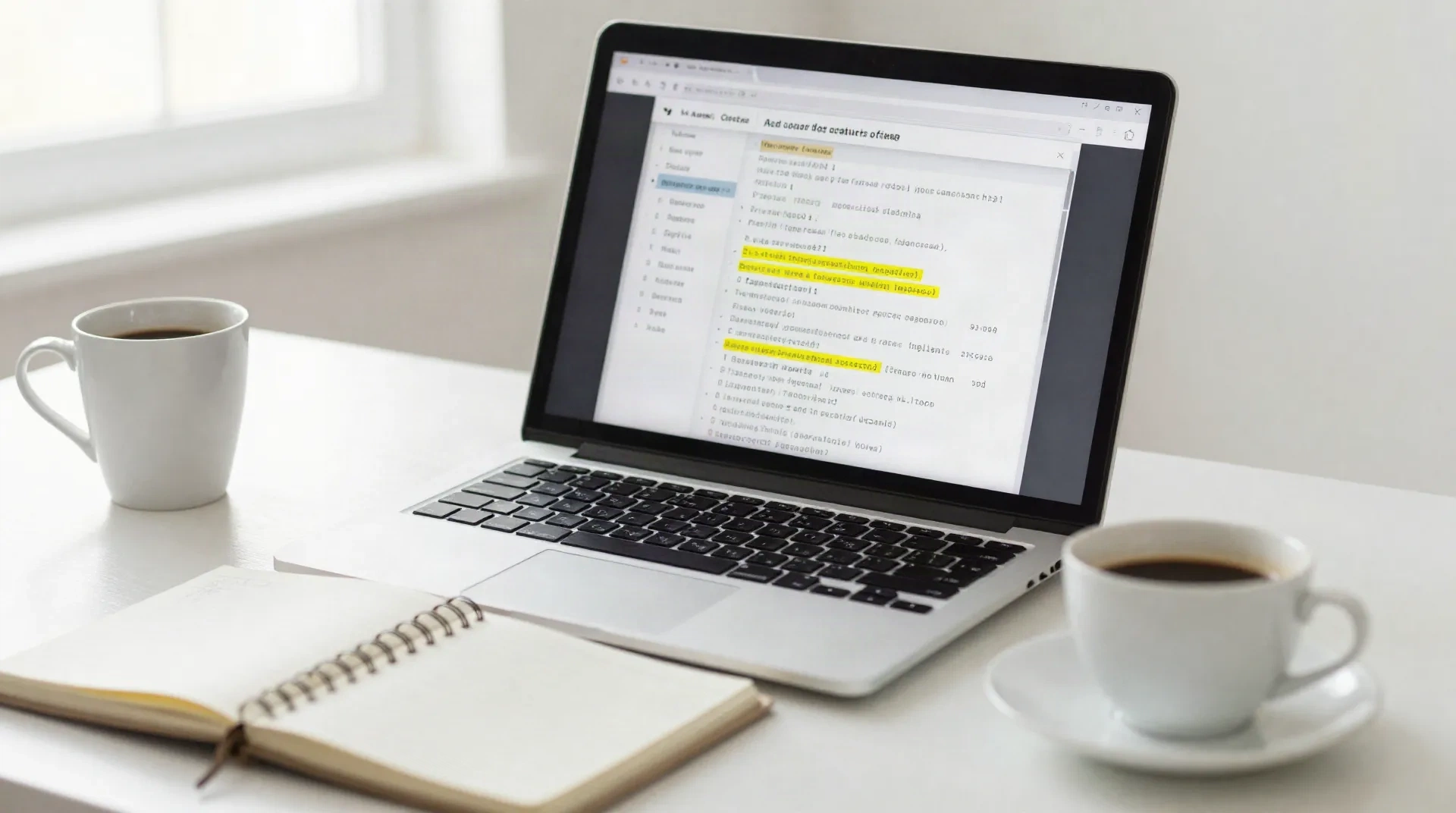 Schreibtisch einer Content-Marketerin mit Laptop, der einen überarbeiteten Entwurf zeigt, daneben Notizbuch und Kaffee
