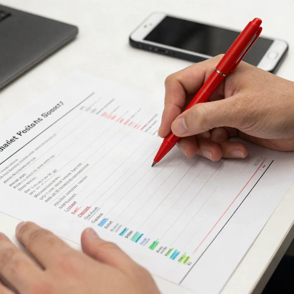 Hand marking up a printed press release draft with a red pen
