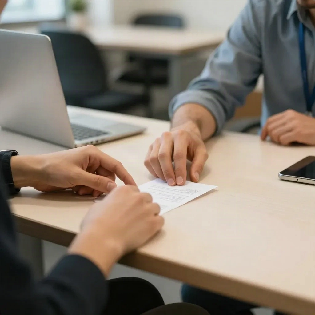 Mains qui font passer une carte sur une table dans un petit bureau