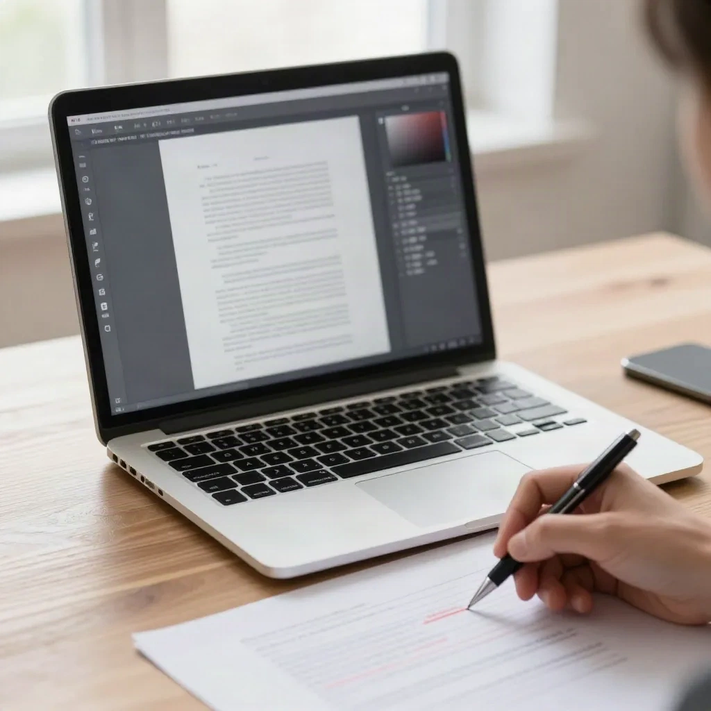 Hand editing a printed draft next to a laptop during a voice review