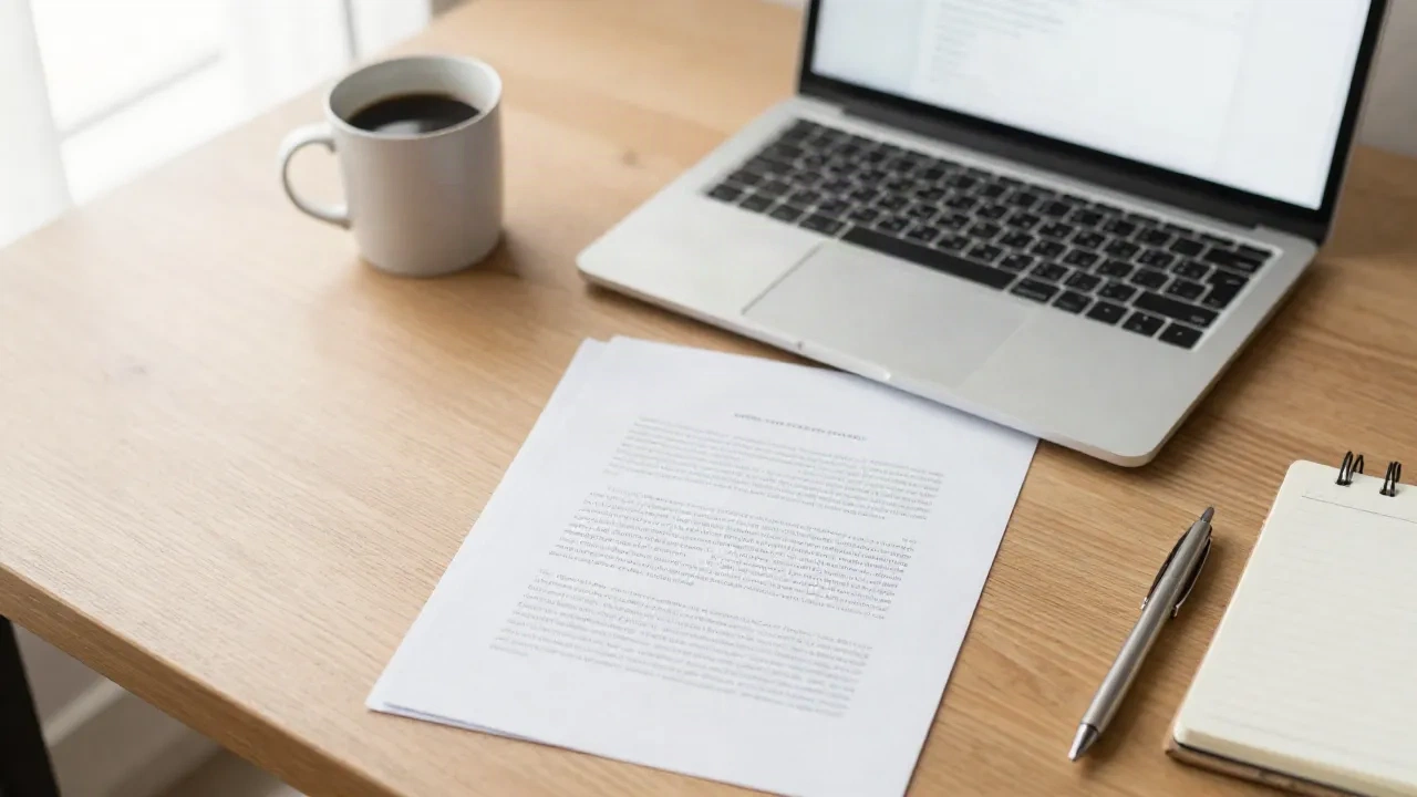 Bozza stampata di un comunicato stampa su una scrivania di legno accanto a un laptop, caffè e taccuino