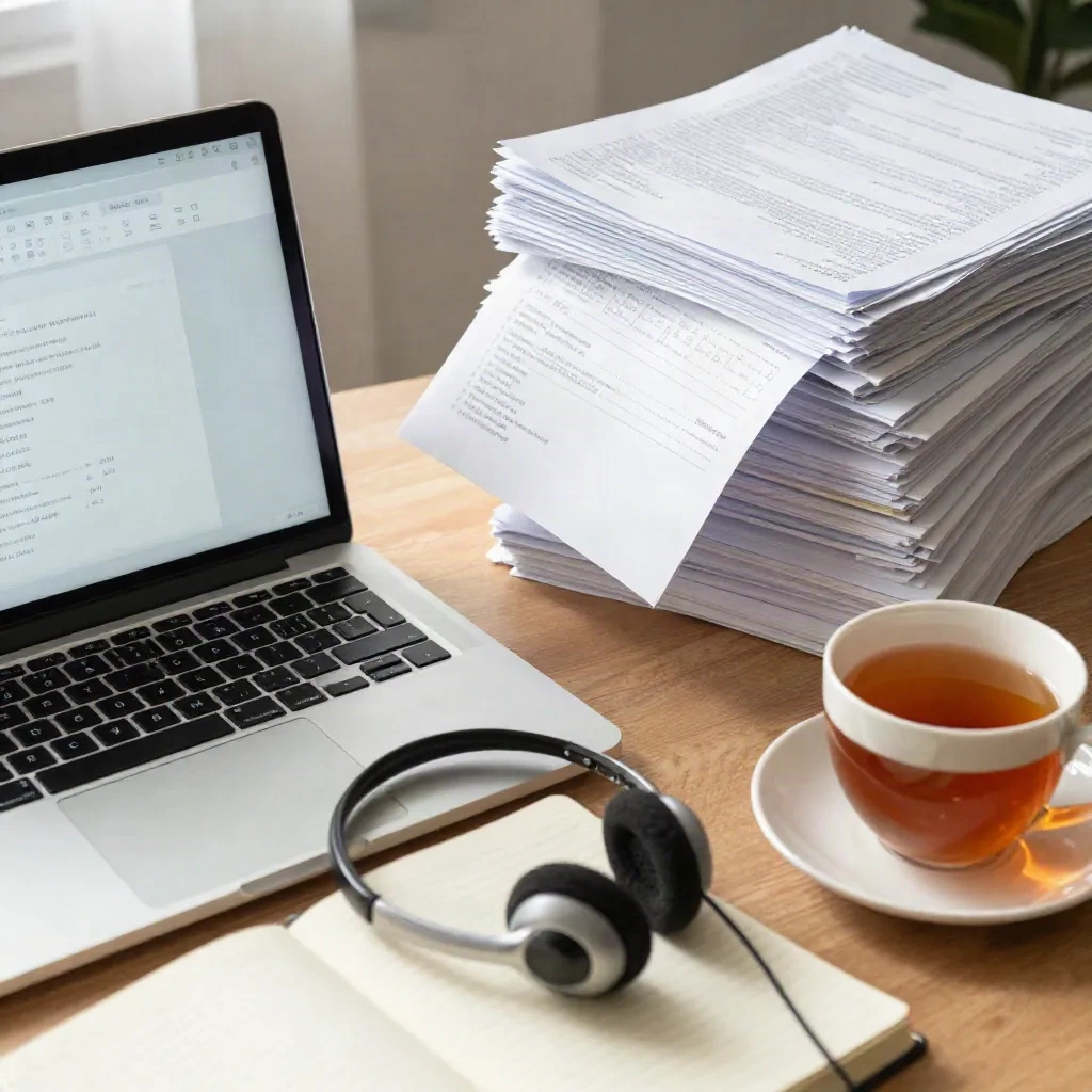 Writer's desk with laptop, headset, tea and a tall stack of printed releases
