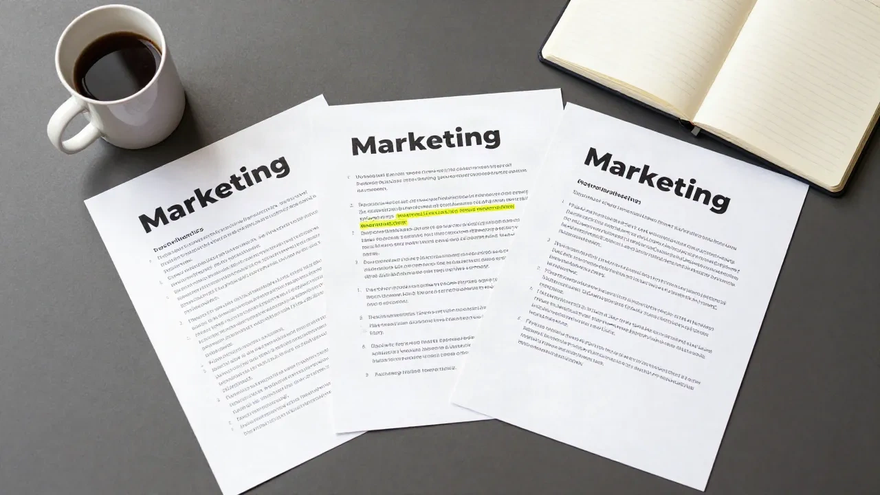 Printed copy samples with highlighter marks fanned out on a writer's desk