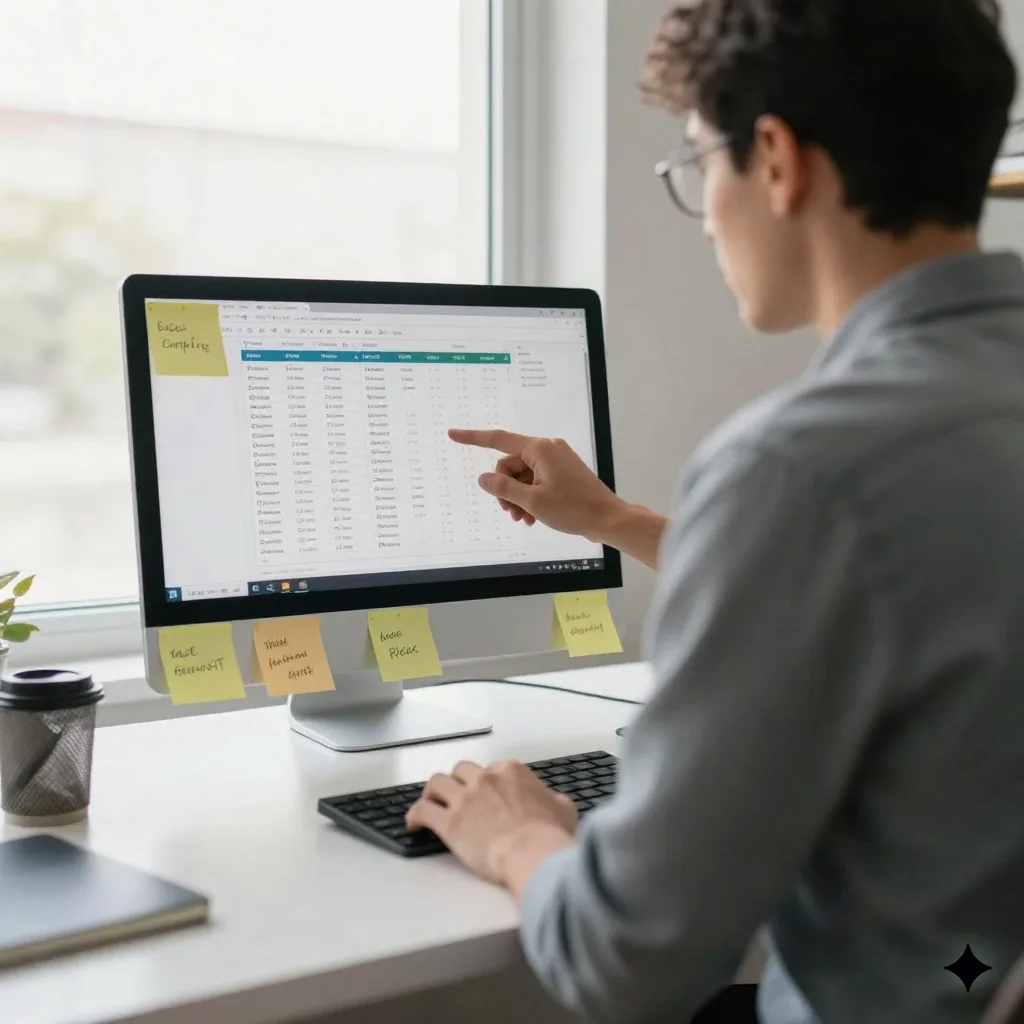 Sales professional researching B2B prospects using AI-powered outbound tools at a standing desk
