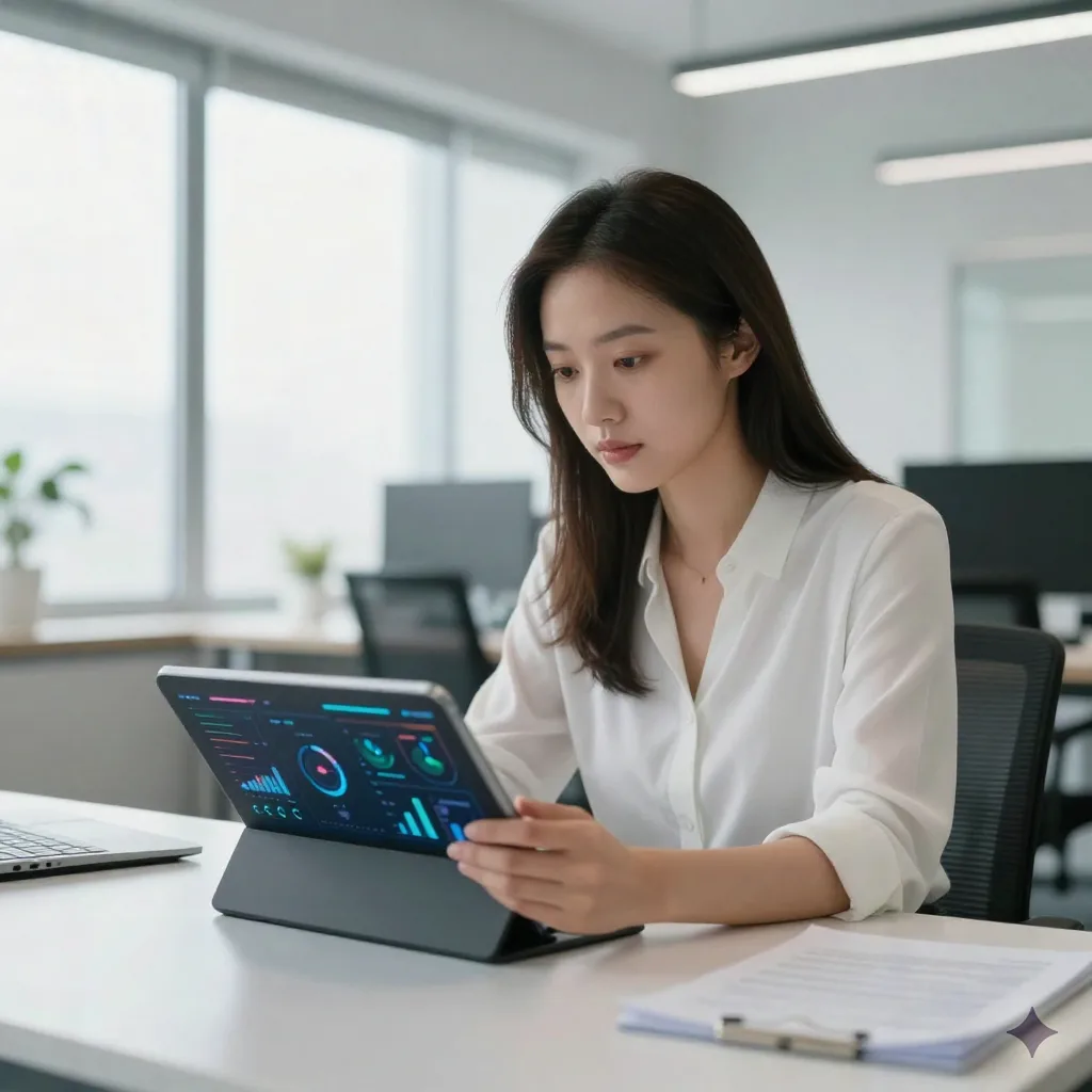 Growth marketer reviewing AI-powered analytics dashboard and prospect signals on a tablet