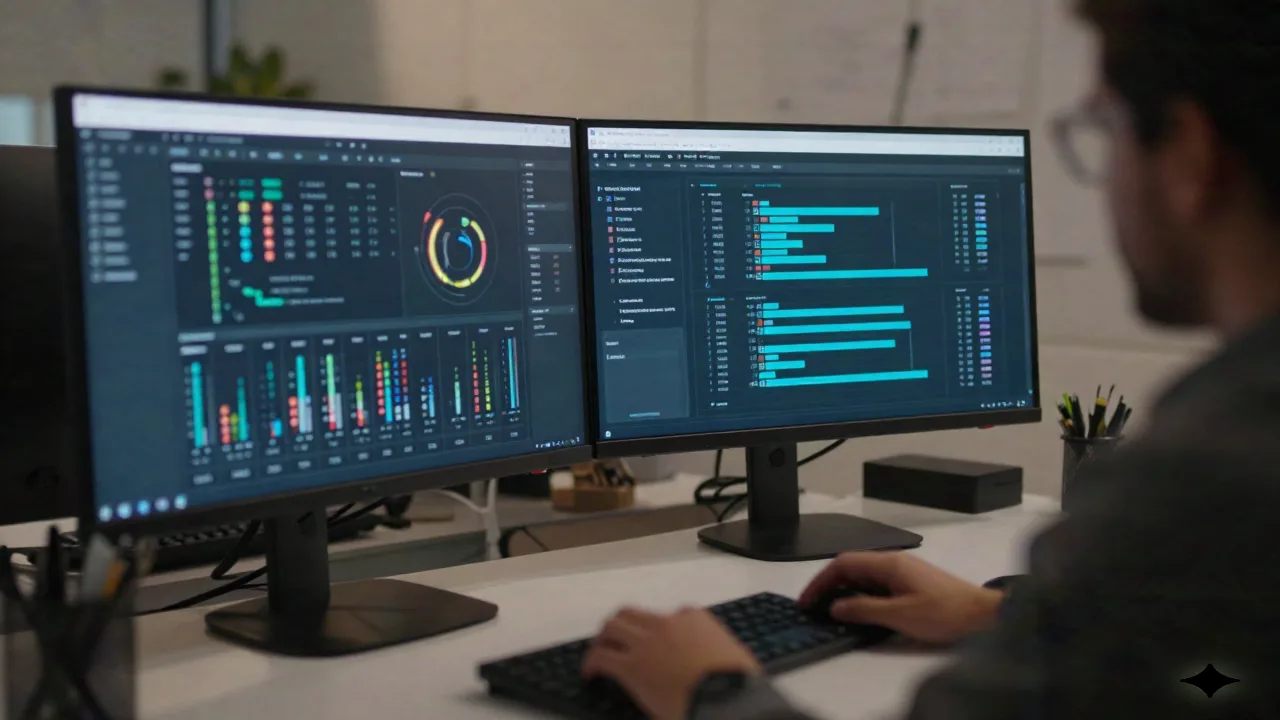 AI agent examples shown on multiple monitors in a modern tech workspace