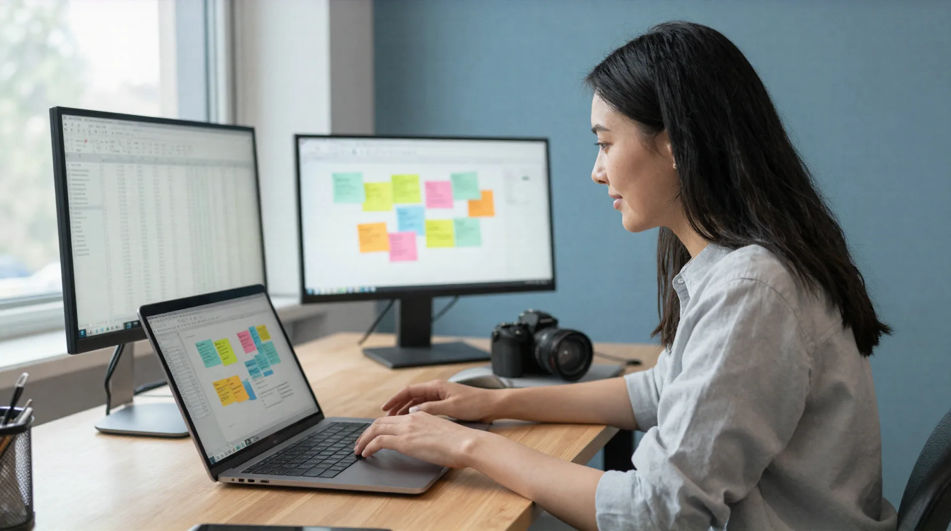 Growth analyst reviewing a research deck and data dashboard in a modern office