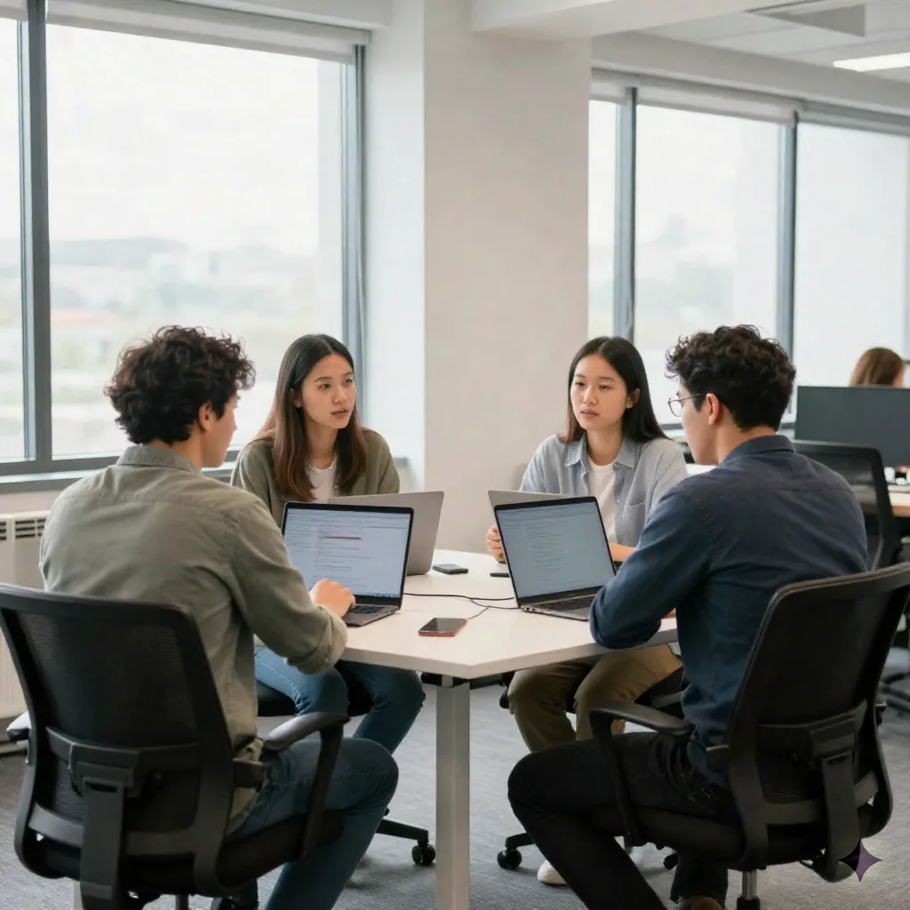 A small growth team standing around a desk discussing findings from a public-data investigation