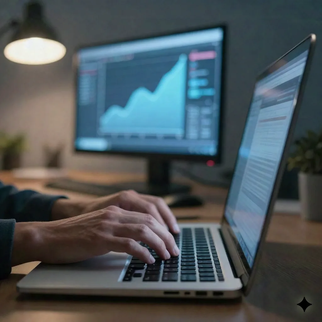 Close-up of hands typing at a laptop with a blurred data graph glowing on the monitor behind