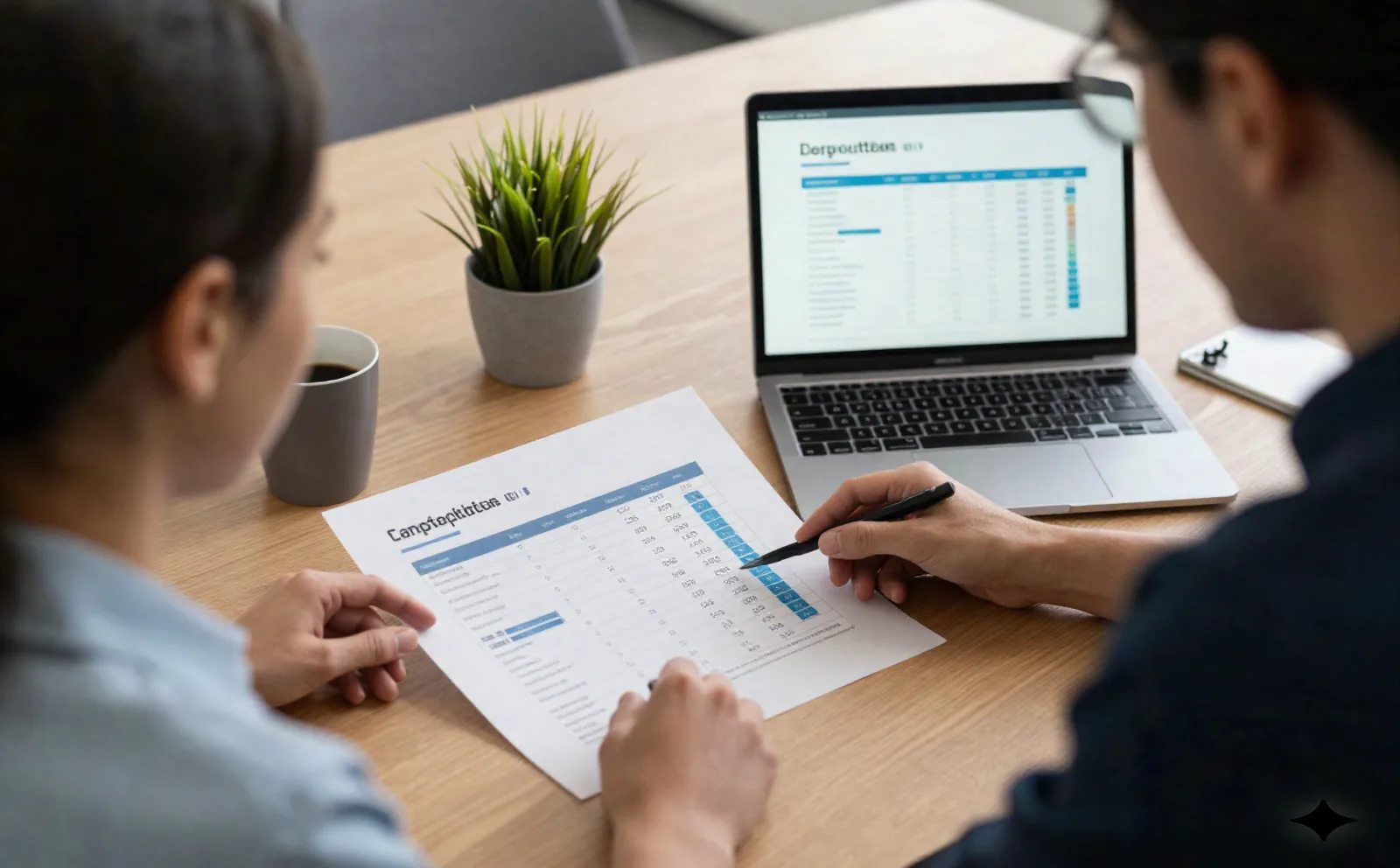 Two colleagues reviewing a competitive-intel slide deck at a meeting table