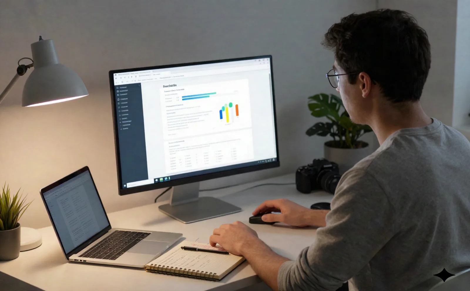 Founder working alone at a home office desk on a one-page research document