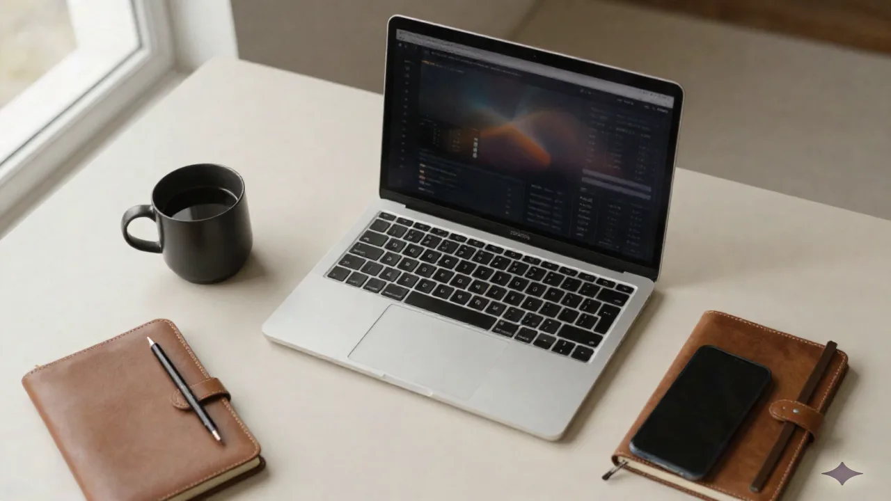 Vista dall'alto di una scrivania di growth marketer con laptop, taccuino e caffè, che rappresenta l'investigazione dietro un'analisi GEO