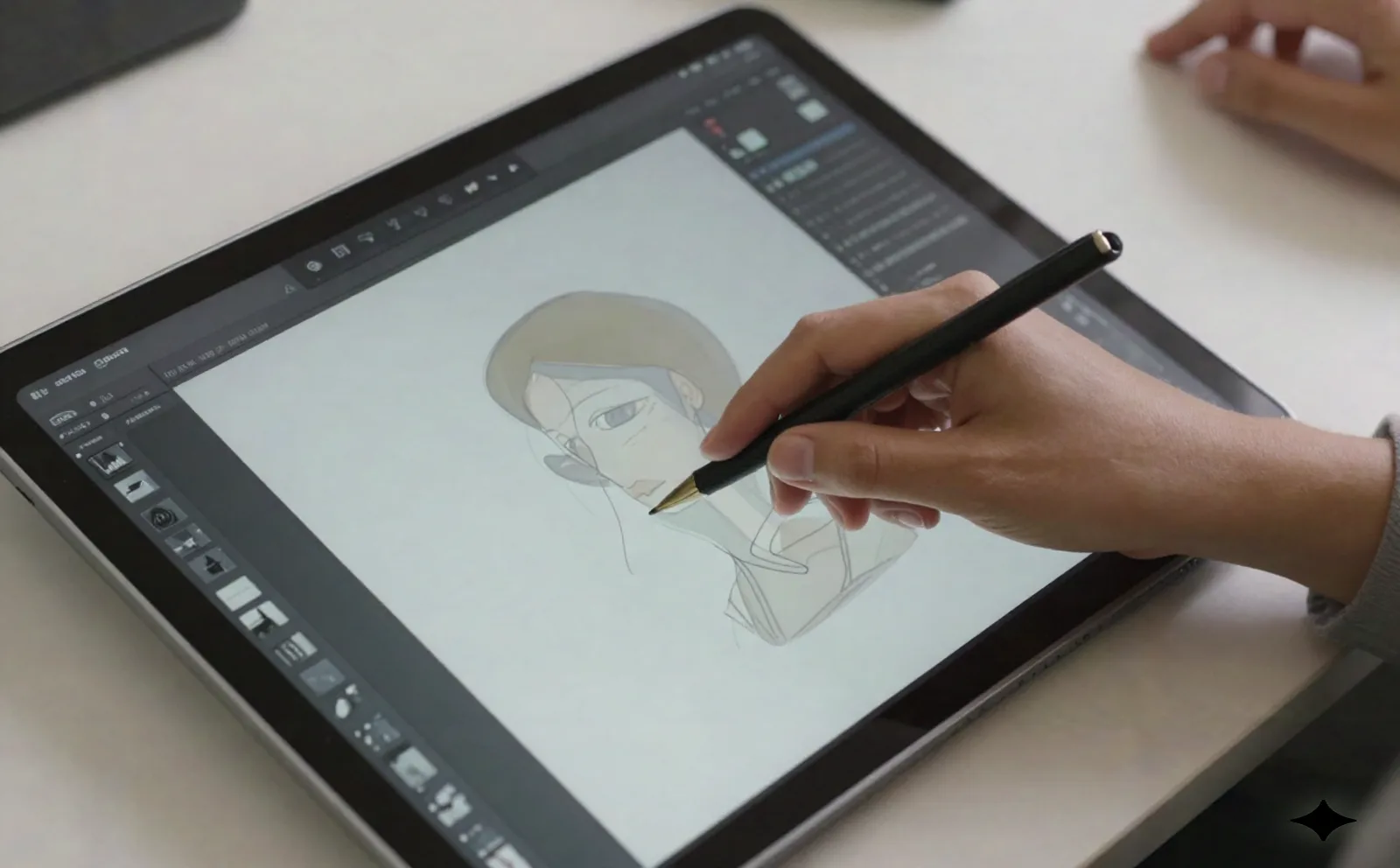 Close-up of layered image editing on a tablet screen