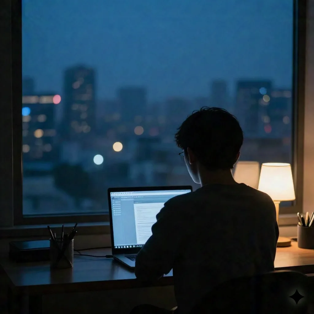 A silhouette working late at a laptop with a city skyline glowing through the window, late-night strategy work