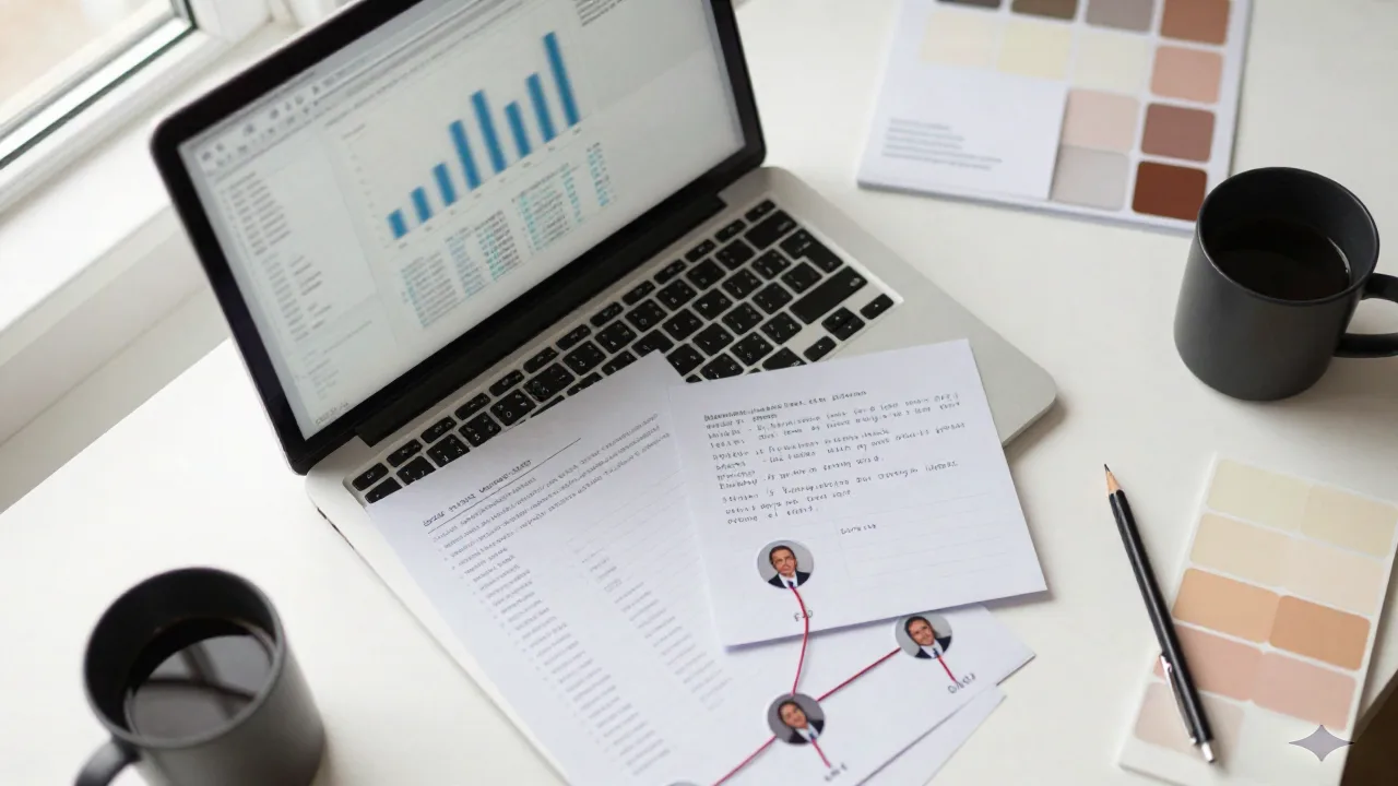 Vue de dessus d'un bureau d'investigation avec un ordinateur portable affichant un rapport de données, des fiches d'index avec horodatages reliées par du fil rouge, et du café