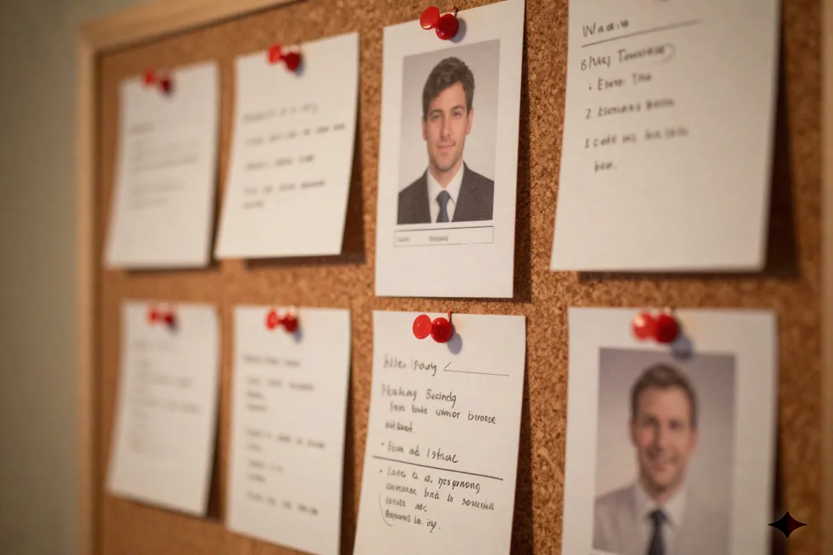 Onderzoeksprikbord met profielkaarten en handgeschreven notities verbonden door rode touwen, signaalonderzoek weergegeven