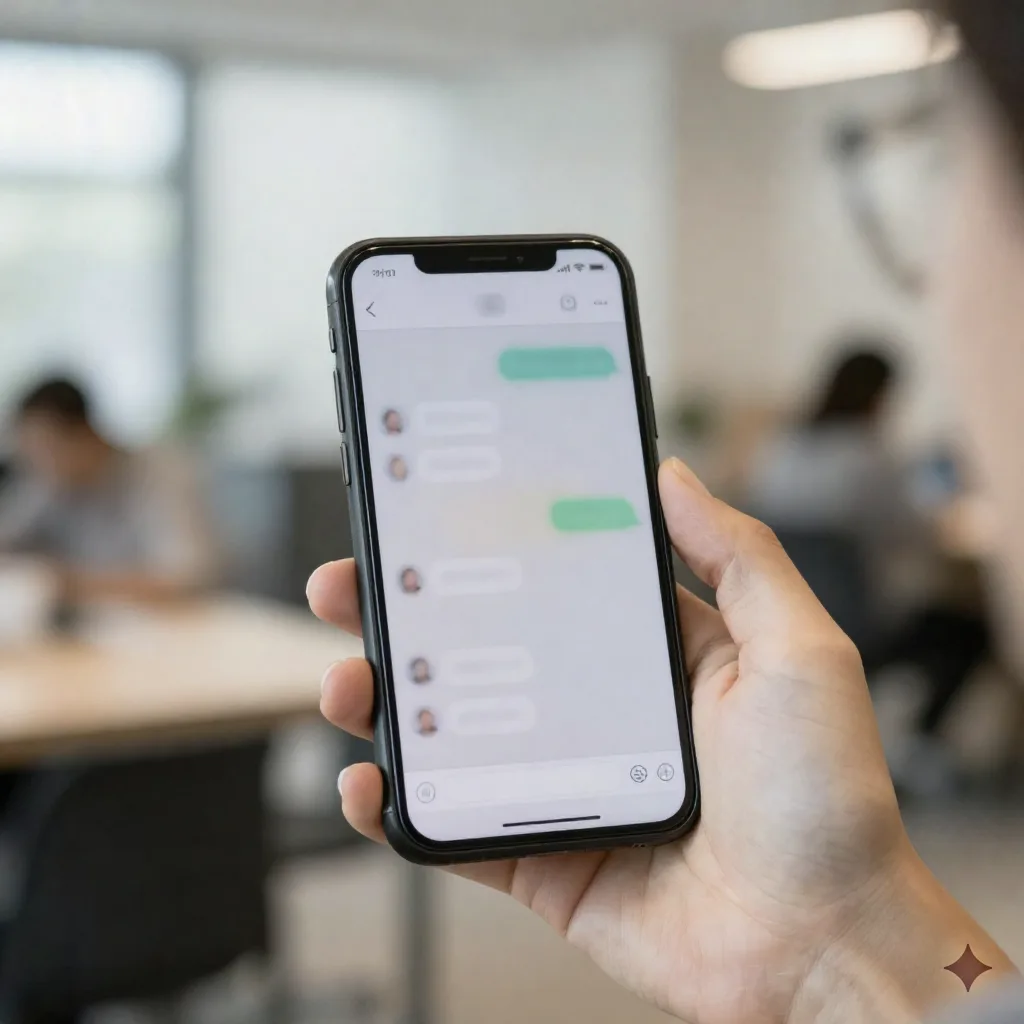 A hand holding a phone with a blurred AI chat interface, evoking how people now ask questions directly to AI engines