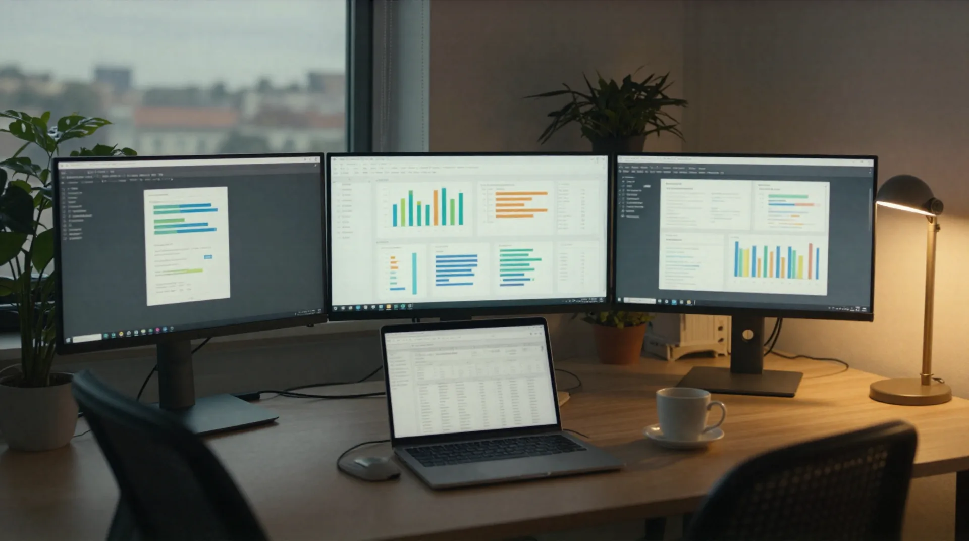 Growth Marketing Schreibtisch mit Monitor-ähnlichem Dashboard eines KI-Agent-Workspace