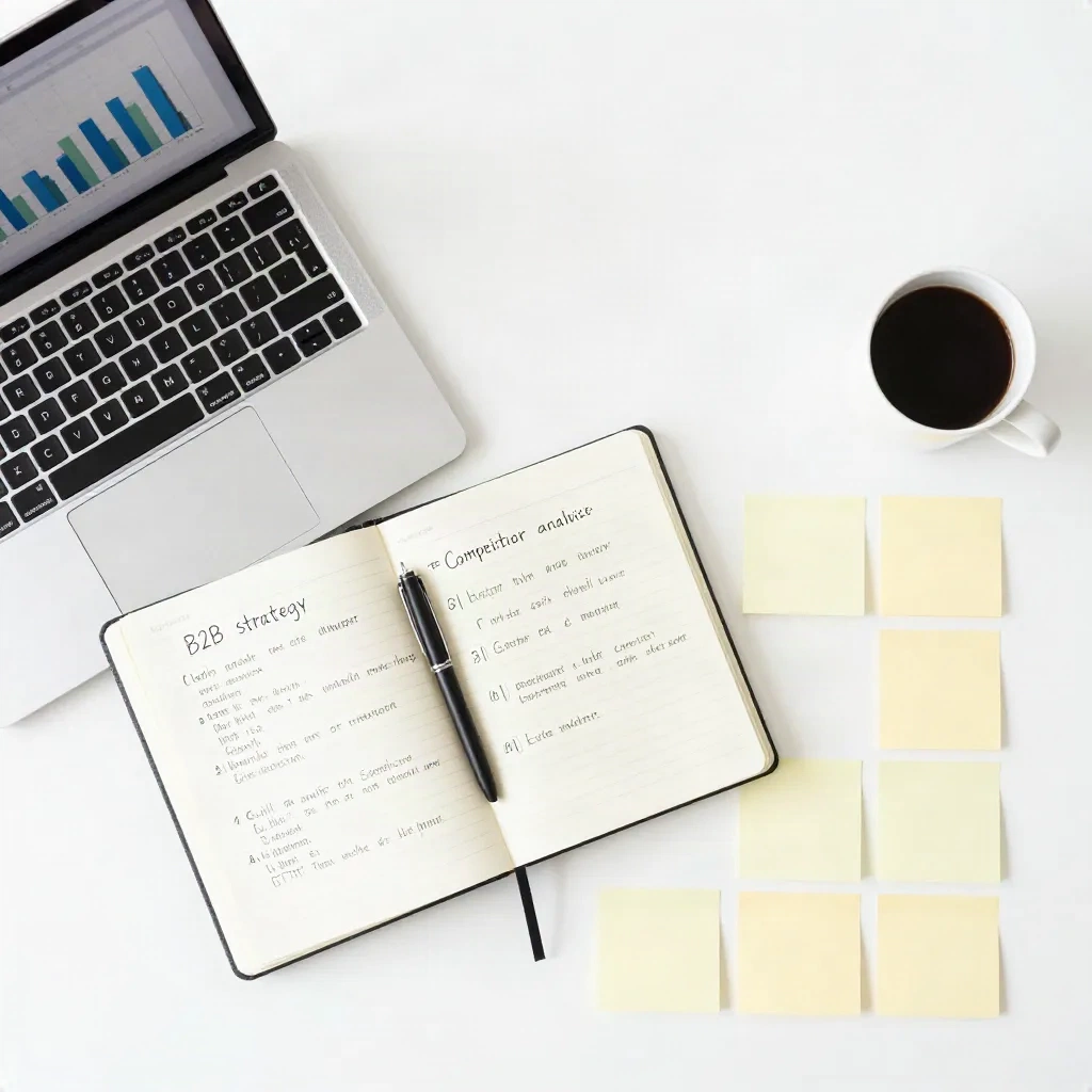 B2B competitive analysis workspace with notebooks, charts and strategic planning materials