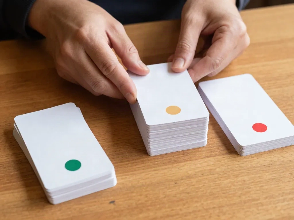 Mains triant des fiches de leads vierges en trois piles marquées de points verts, orange et rouges