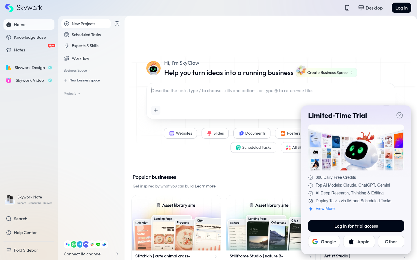 Dashboard home di Skywork AI con la casella di prompt SkyClaw e scorciatoie di agente
